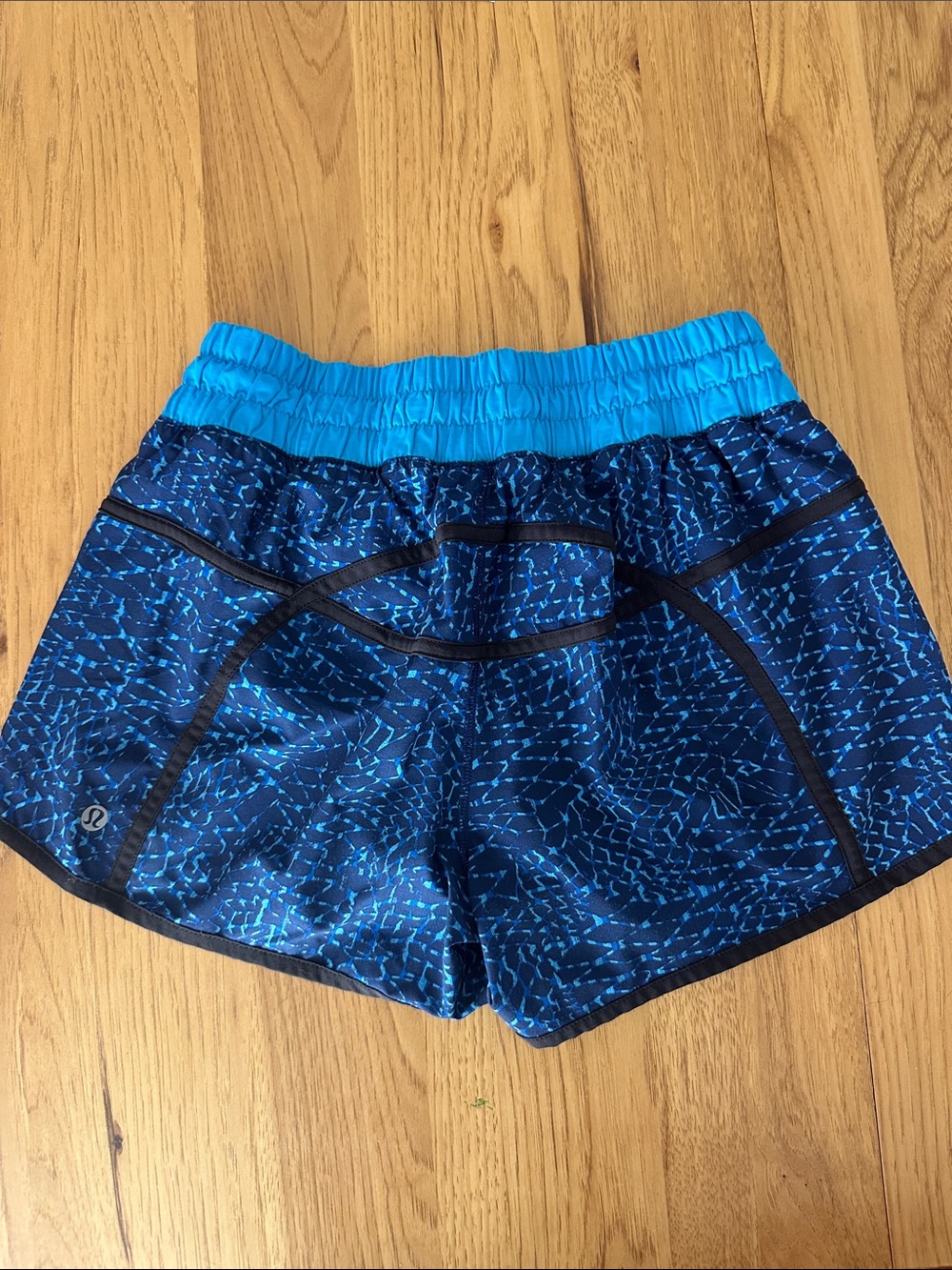 lululemon athletica Blue Patterned Running Shorts with Aqua Waistband